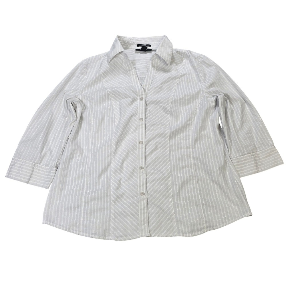 Style & Co Button Up Blouse Women's 18 White Gray Metallic Striped 3/4 Sleeve